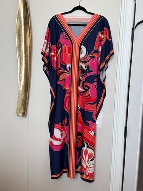 Navy Kaftan Cover-Up with Pink & Red Swirl Print